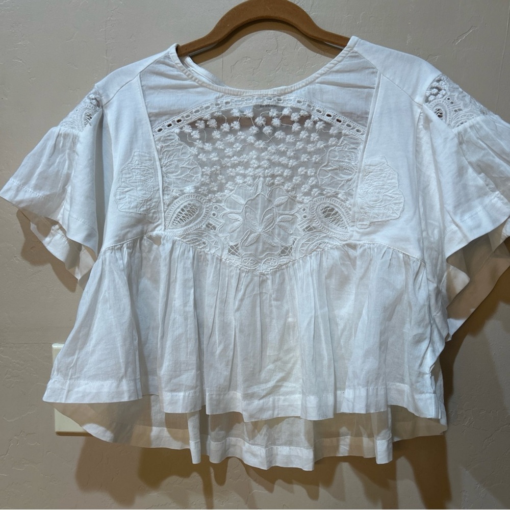 Maeve for Anthropologie white short-sleeve embellished swing top Size S